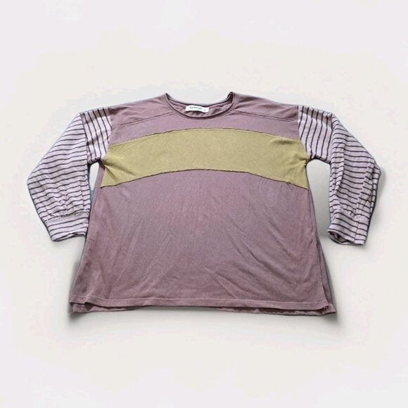 Three Bird Nest T Shirt Womens M LS Colorblock Long Striped Sleeves Stretch Boho - Picture 9 of 11